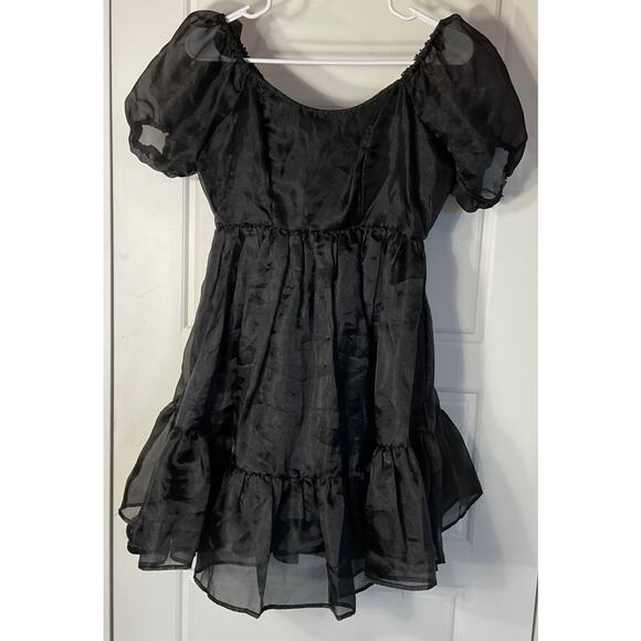 Thorn & Fable Dresses & Skirts - Thorn & Fable Black Organza Tiered Short Sleeve Mini Babydoll Dress SM